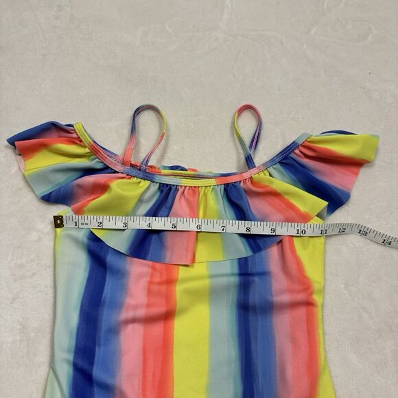 Nautica Girls 7 SM One Piece Swimsuit Neon Rainbow Stripe UV Protection Ruffle - Picture 6 of 7